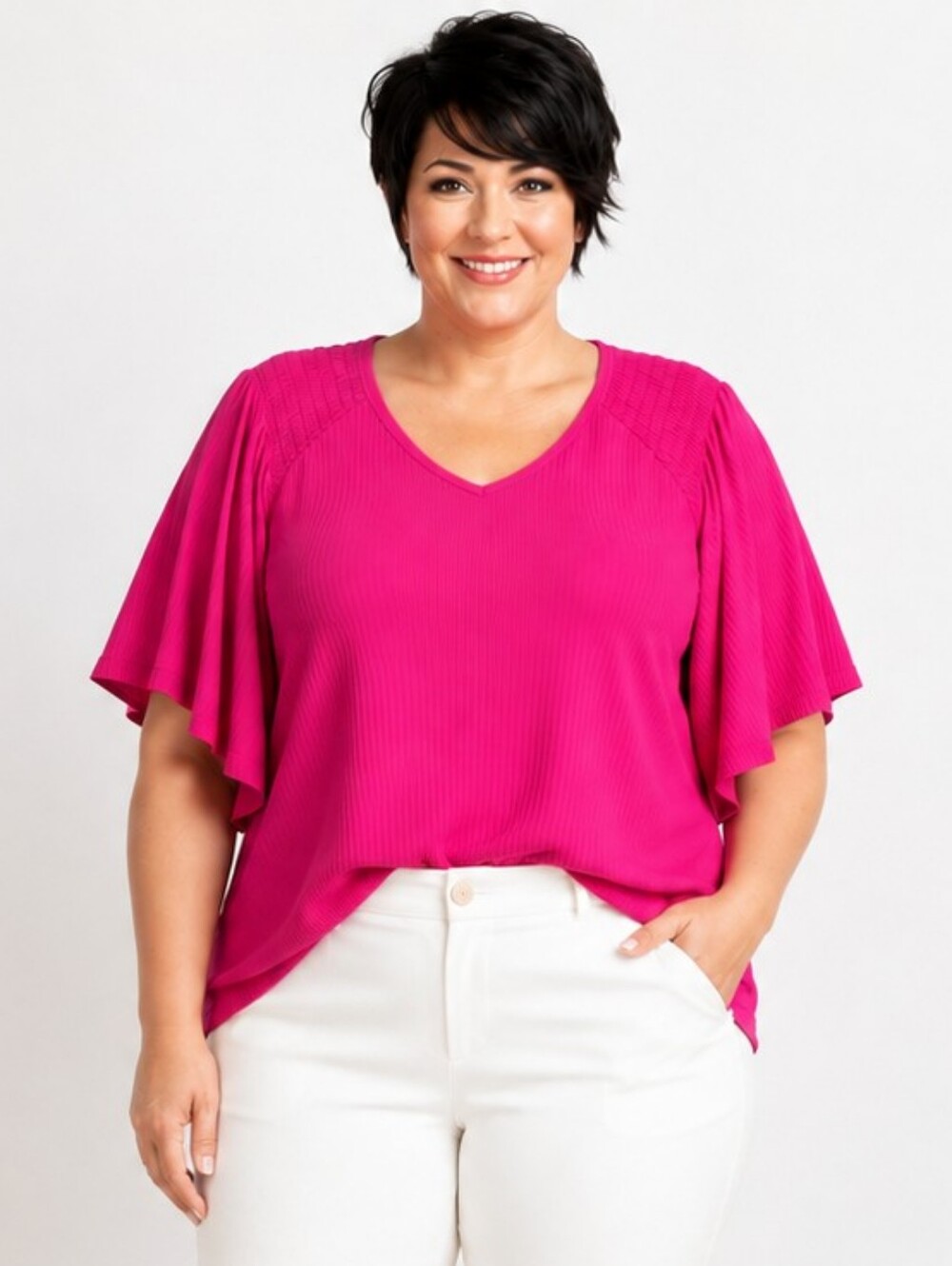 Terra & Sky 1X Hot Pink Ribbed V Neck Flutter Sleeve Plus Size Top